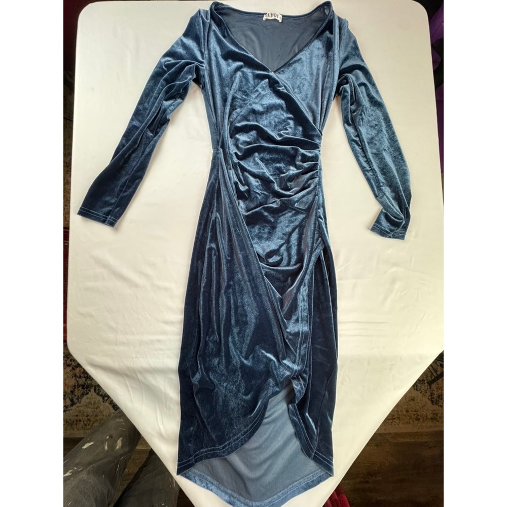 HUHOT Womens Blue Velvet Ruched Wrap V-Neck Long Sleeve High Low Midi Dress S